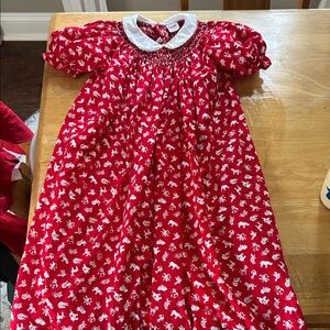 Girls Vintage Smocked Red Animal Theme Dress